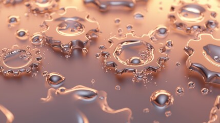 Detailed view of metallic gears in motion, highlighted by golden oil drops to emphasize industrial machinery performance