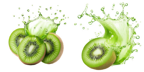 Fresh kiwi with splashes of juice isolate on transparent background