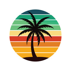 Tropical Island Vector - Vintage Silhouette Design with Palm Trees, Sun & Ocean for Retro Paradise Art & Decor