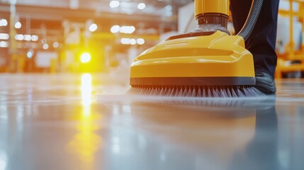 Focused cleaning scene industrial vacuum steaming floor with reflections and moody lighting showcasing hightech cleaning solutions
