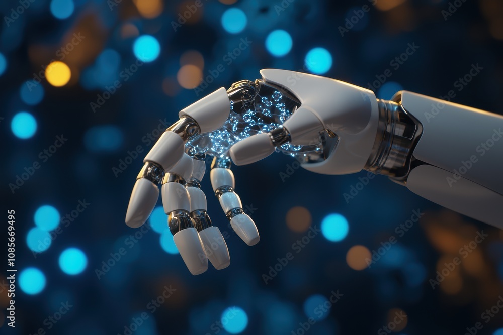 Poster hightech robotic arm working in precision scientific lab illuminated by blue light futuristic interf