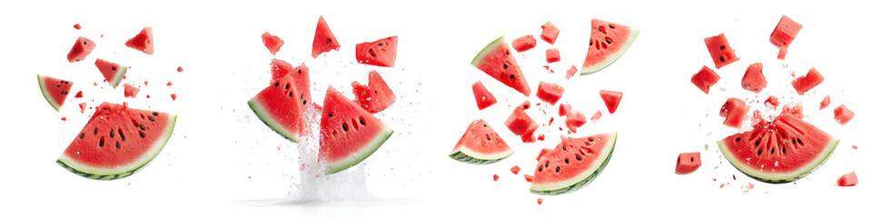 Exploding watermelon pieces on black background isolate on transparent
