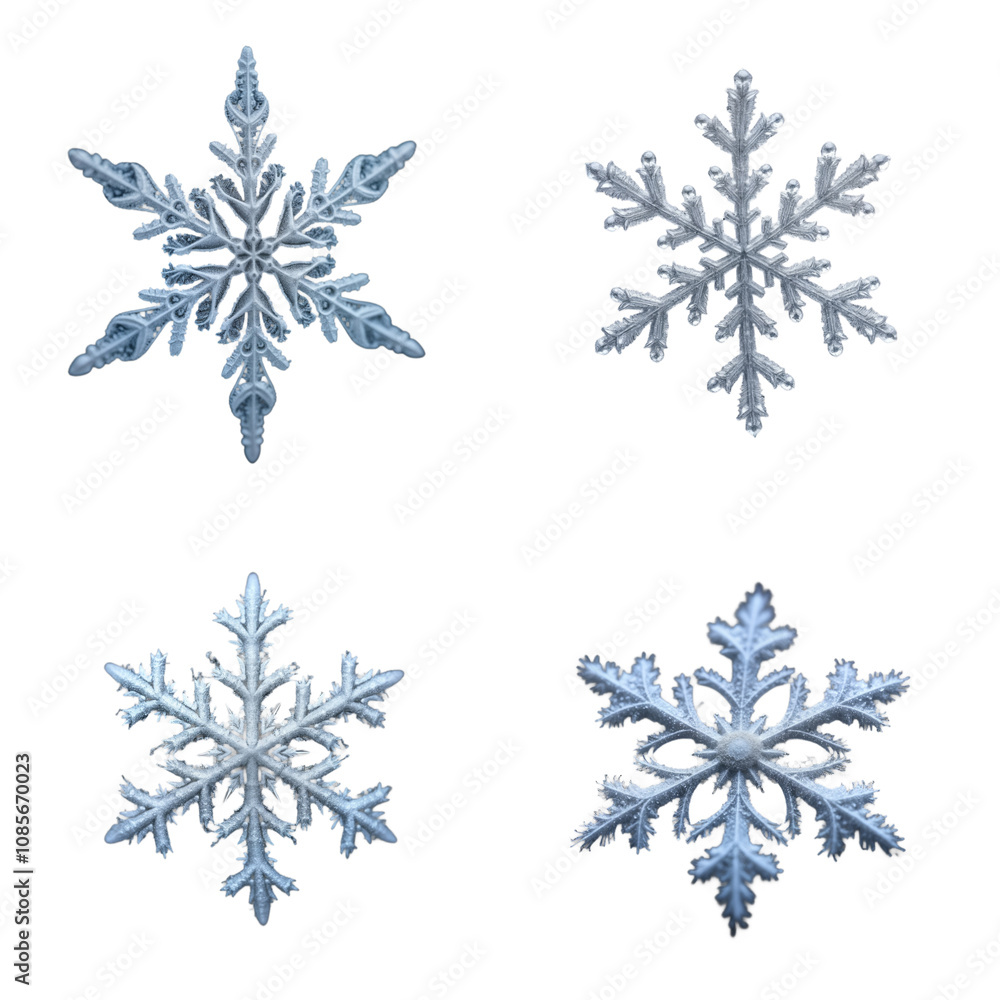 Poster frozen snowflake macro photos show intricate crystal formations on isolated background. frozen ice c