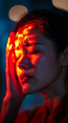 Young woman is suffering from a headache against a dark background.