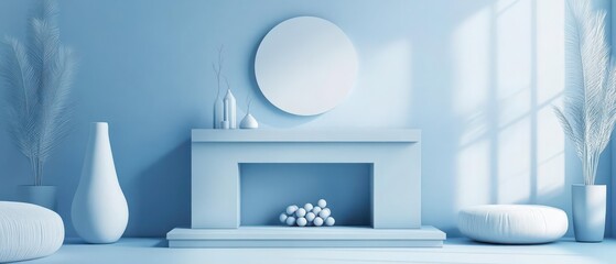 A stylized geometric fireplace mantle, decorated with minimalist shapes representing holiday decor, in monochrome hues, Calm, Isometric Drawing