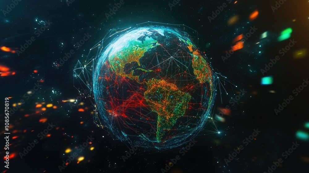 Poster futuristic global network digital earth representation with vibrant colors and illuminated connectio