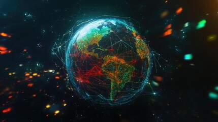 Obraz premium Futuristic Global Network Digital Earth Representation with Vibrant Colors and Illuminated Connections Depicting Technology and Communication Integration