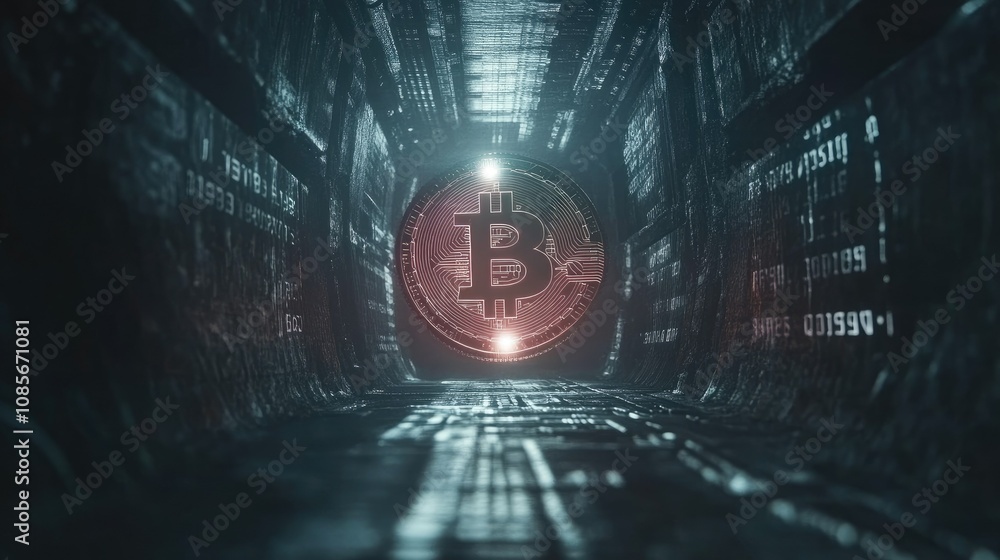 Poster abstract visualization of a bitcoin in a dark tunnel surrounded by glowing data symbols representing