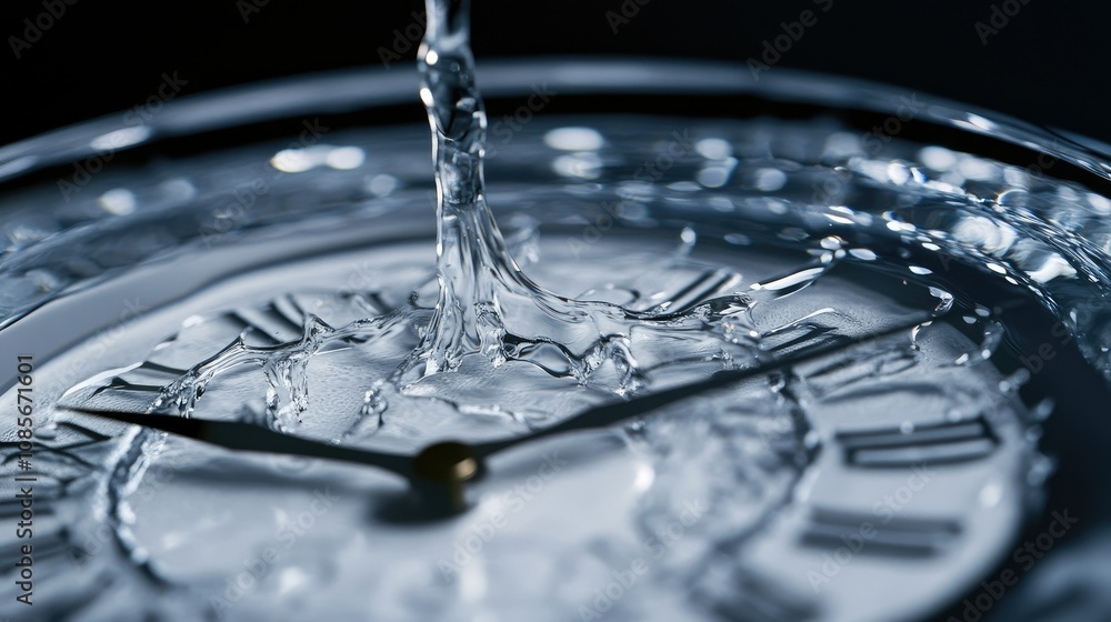 Poster water droplet splashes on a clock face representing the passage of time with reflection and movement