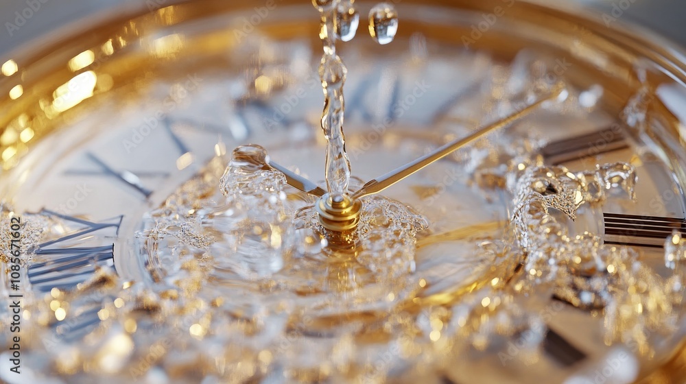 Poster close-up view of water splashing on golden clock face with roman numerals and sparkling air bubbles 