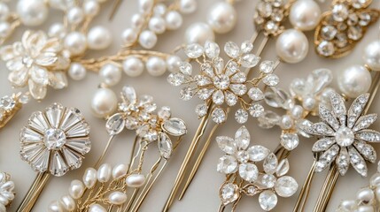 Fototapeta premium Elegant Collection of Hair Accessories Featuring Pearls and Sparkling Crystals Ideal for Weddings, Parties, and Special Occasions Displayed on Soft Fabric Background