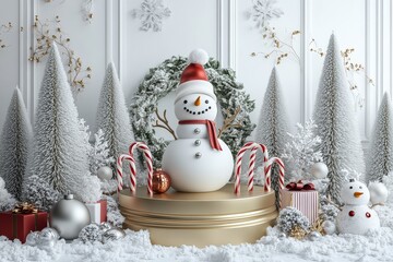Obraz premium Gold podium with Christmas trees, candy canes, and snowman on white background, delicate lighting and high-resolution, photorealistic product display.