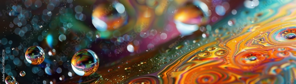 Poster a vibrant close-up of colorful liquid patterns with shimmering droplets, showcasing a blend of color