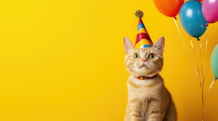 Adorable Orange Cat Wearing Colorful Party Hat Celebrating with Colorful Balloons Against a Bright Yellow Background Perfect for Pet Party Themes