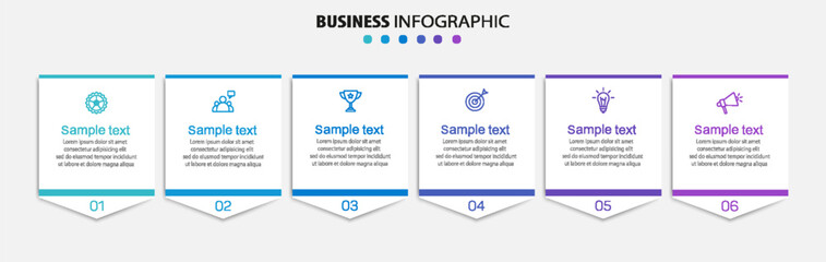 Fototapeta premium Business vector infographic design template with icons and 6 options or steps. Can be used for process diagram, presentations, workflow layout, banner, flow chart, info graph
