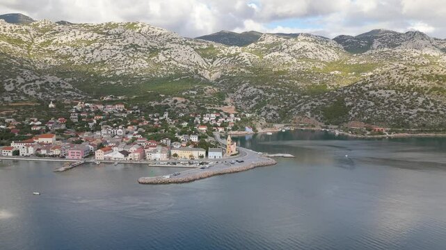 Aerial drone view of the town Karlobag at the Croatian coastline.