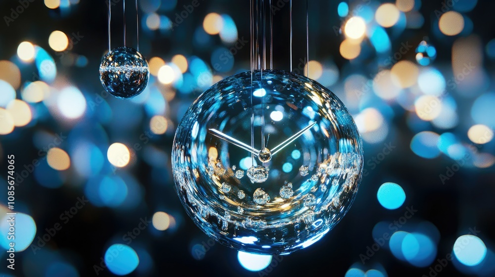 Poster elegant glass clock suspended in a dreamy atmosphere with soft bokeh lights creating a mesmerizing a