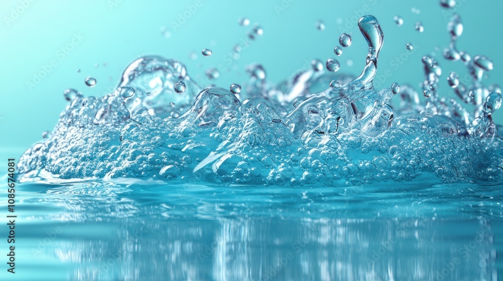 Poster water splash creating dynamic movement in a serene blue background.