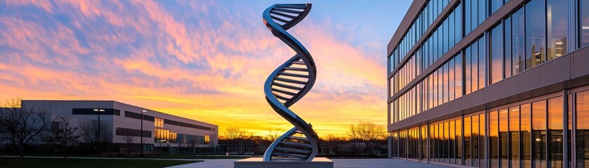 A DNA helix sculpture standing in a biotech campus courtyard, symbolizing innovation and the future of genetic research