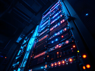 A low-angle shot of a towering server rack with LED lights blinking in a dark room. The light source should be the LED lights themselves, casting a futuristic glow on the surrounding equipment.