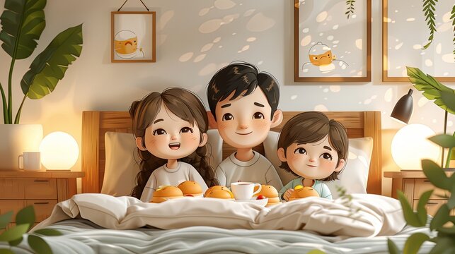 Kids surprising their mom with breakfast in bed