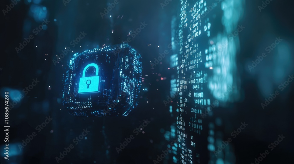 Poster futuristic digital lock with blue glowing elements representing cybersecurity and data protection in
