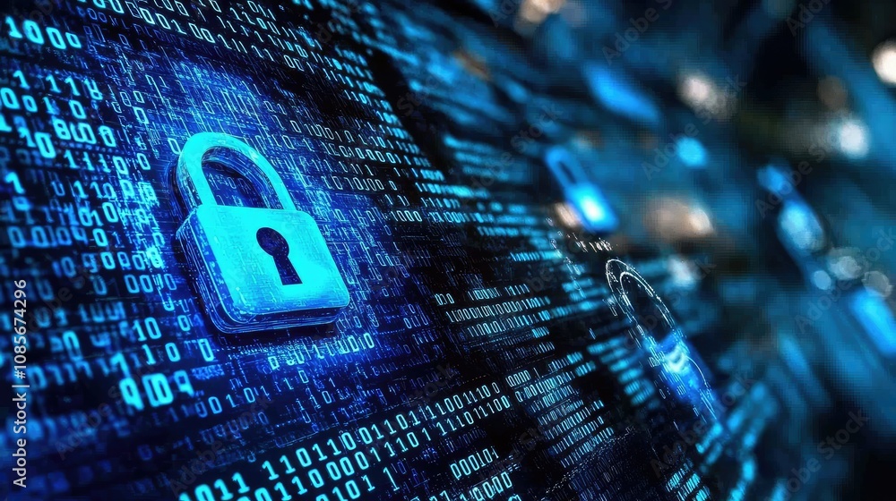 Poster futuristic digital background with lock symbol representing cybersecurity, data protection, and info