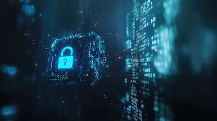 Naklejka premium Futuristic Digital Lock with Blue Glowing Elements Representing Cybersecurity and Data Protection in a High-Tech Environment