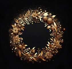 A golden circular wreath with ornate details and glitter on a black background: