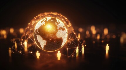 Abstract illustration of a glowing globe surrounded by human figures and interconnected lines symbolizing global communication and technology innovations in a digital landscape