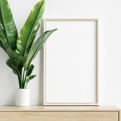 A large white poster frame propped against a distressed chest of drawers, styled with neutral tones and minimalist decor