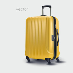 Yellow travel suitcase, cabin luggage. 3D realistic icon, travel concept. Vector illustration