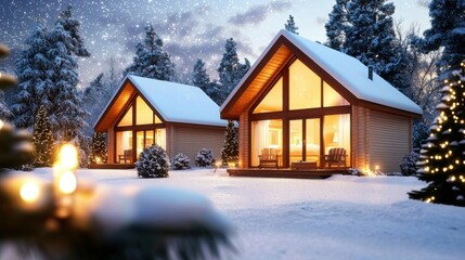 Snowfall over cozy cabins northern winter night nature serenity