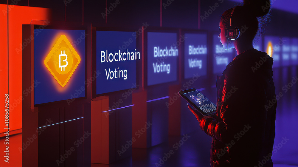 Poster secure blockchain voting system demonstrated in community center with digital devices