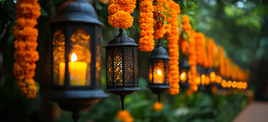 Fototapeta premium Elegant Lit Lanterns with Vibrant Marigold Garlands on Lush Green Wall Background