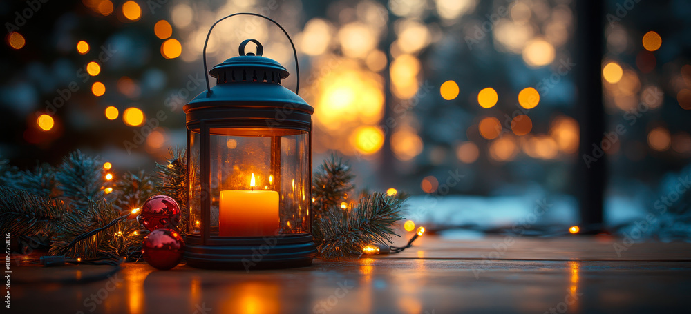 Poster Festive Lantern and Christmas Tree with String Lights on Table - Bokeh and Glittering Background