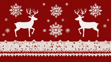 Elegant White Reindeer Against Rich Red Background with Snowflakes and Knitted Lace Patterns for Holiday and Winter Celebrations