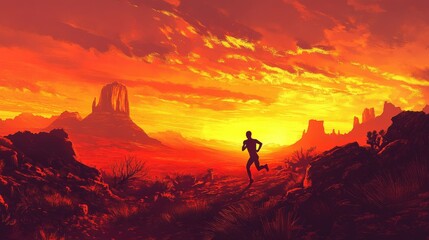 Obraz premium Silhouetted Runner Against a Breathtaking Sunset Landscape with Vibrant Orange and Red Skies, Majestic Mountains, and Rugged Terrain in a Desert Environment