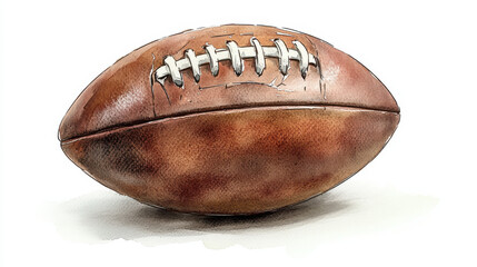 Watercolor sketch of American football ball on white background, showcasing its detailed stitching and texture, perfect for sports themed designs
