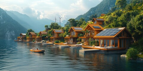 Naklejka premium Eco-friendly waterfront homes with solar panels, nestled in a serene mountain lake setting. A person kayaks peacefully nearby.