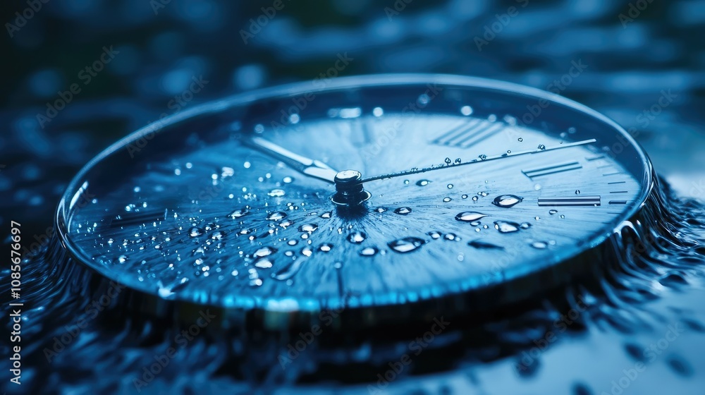 Poster close-up of a water-logged analog clock surrounded by droplets reflecting light in a serene blue env