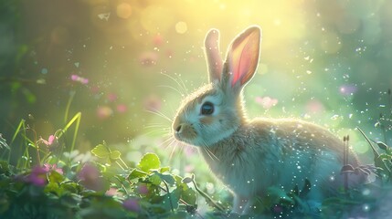 Rabbit on a meadow with grass and flowers. Easter background