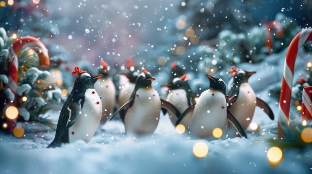 A group of energetic pinguins wearing red Santa hats