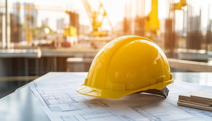 Yellow construction helmet on table with blueprints and cranes at daylight construction site