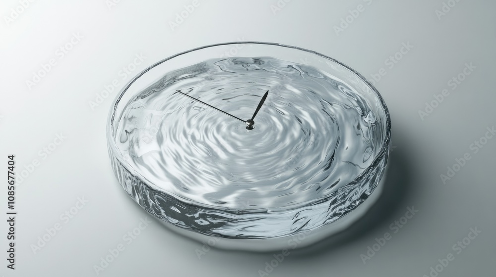 Poster conceptual art representation of time flowing as a clock submerged in water, showcasing the fluidity