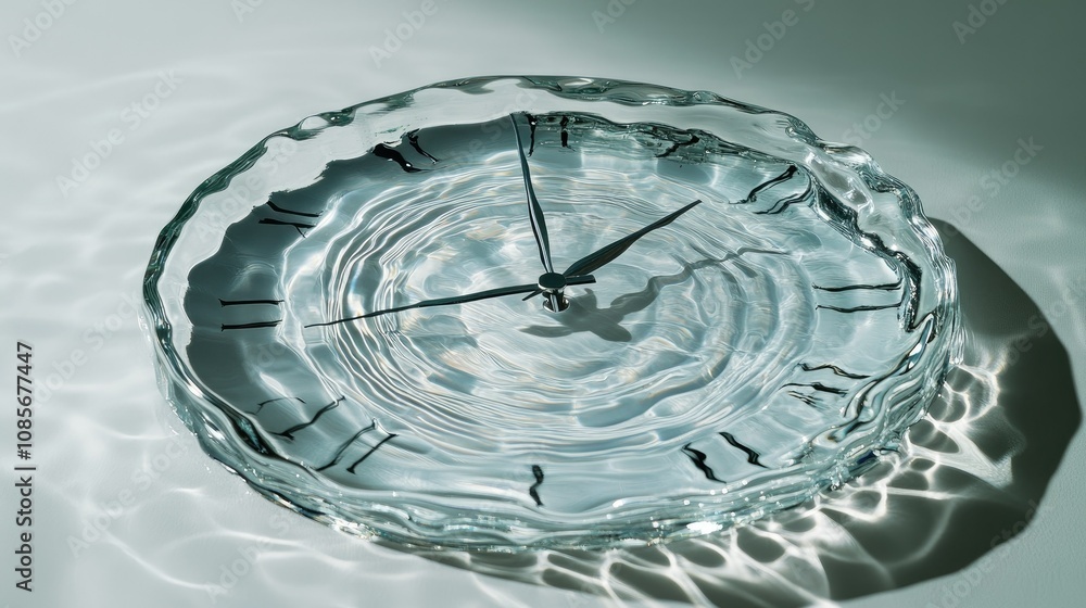 Poster artistic time representation: unique glass clock design floating on water with ripple effects and re
