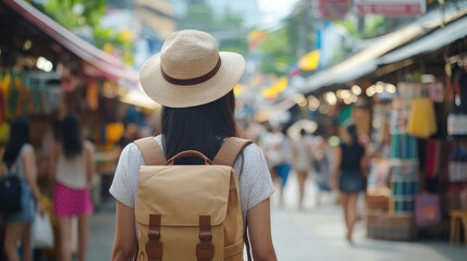 Obraz premium Woman Walking Through a Busy Street Market