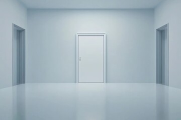 Minimalistic interior featuring a standing blank frame on glossy white flooring, perfect for mockups or graphic presentations
