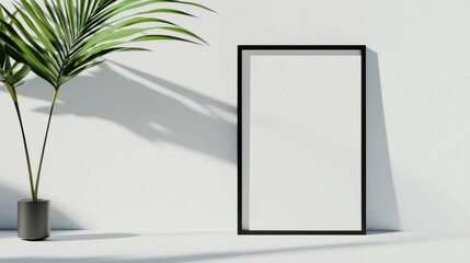Modern blank frame with a black edge leaning against a plain wall, creating a clean and professional layout for creative content