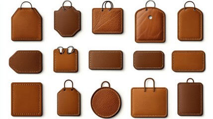 Variety of Brown Leather Tags in Grid Pattern - 12 Tags of Different Shapes and Sizes with Metal Hooks.